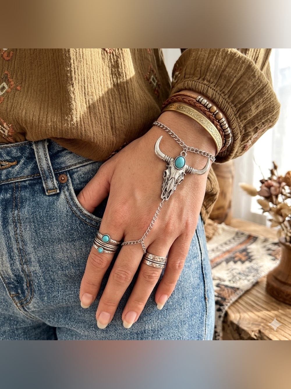2/$30🌵 Bull Skull Bracelet Ring Hand Chain Turquoise Stone Silver Western Boho